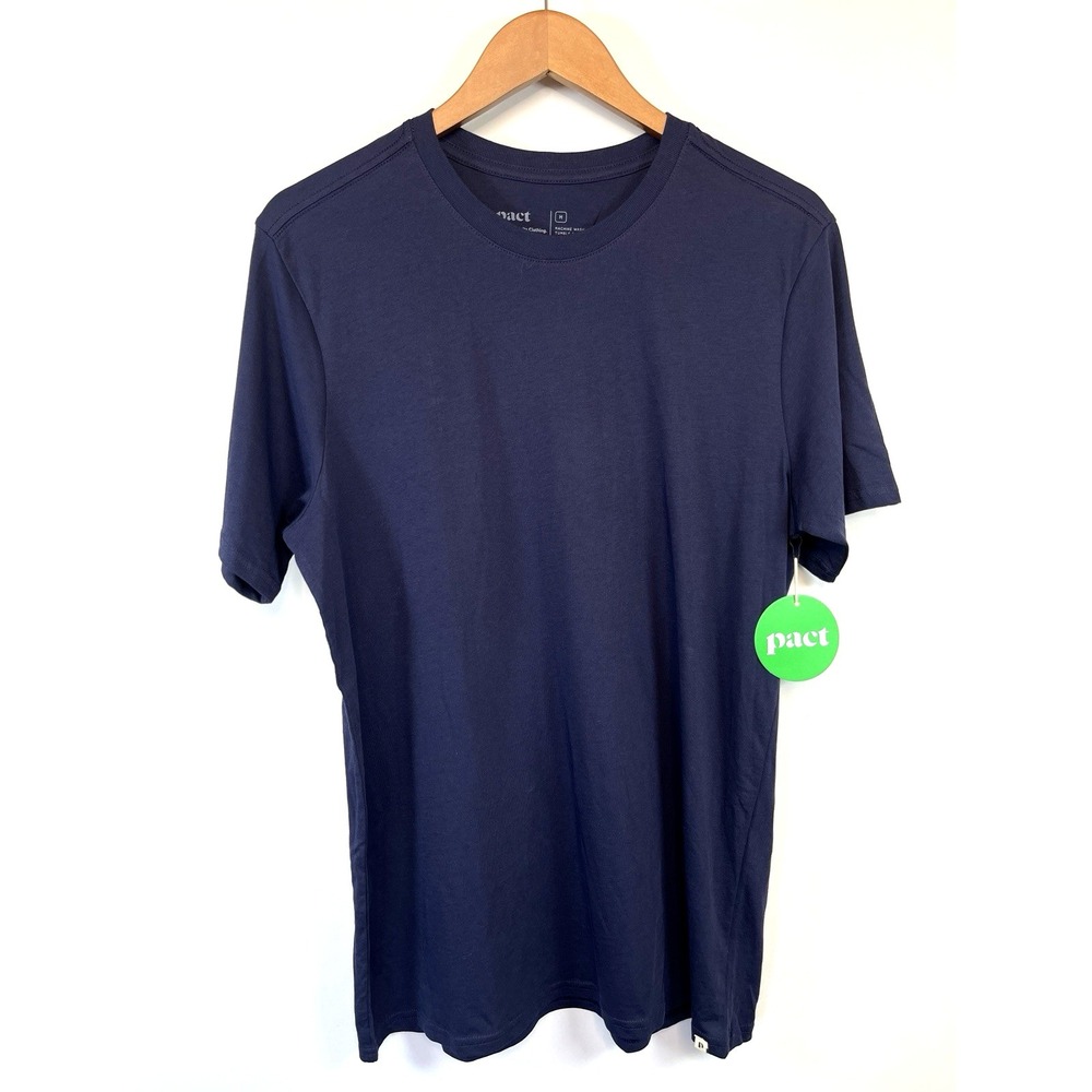 Pact Mens 100% Organic Cotton Crew Neck T-Shirt Size M Blue Short Sleeve CO Logo